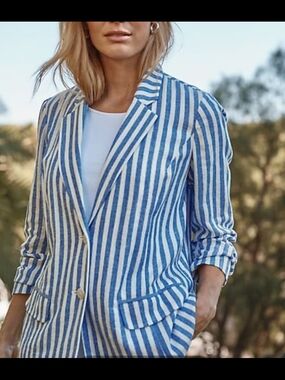 J. Jill Blue and White Striped Linen Blazer